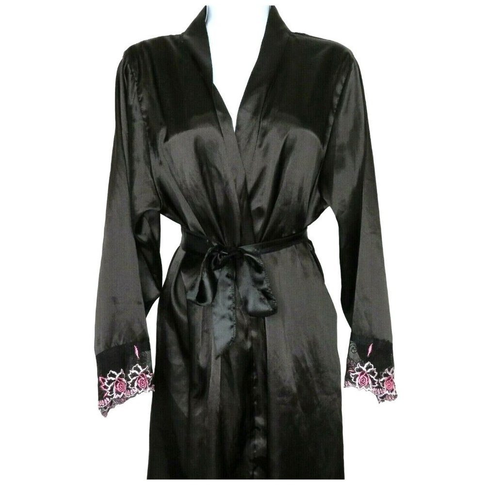 Vintage Secret Possessions Dressing Robe M Black Lace Trim Sleeve Belted Madrid